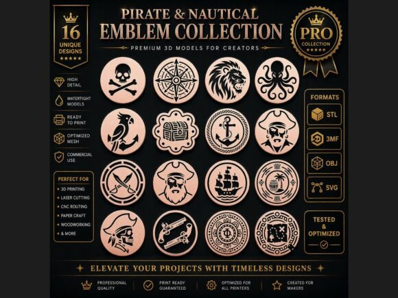 Download 16 Pirate Nautical Emblems CNC 3D Pack - Emblem Collection